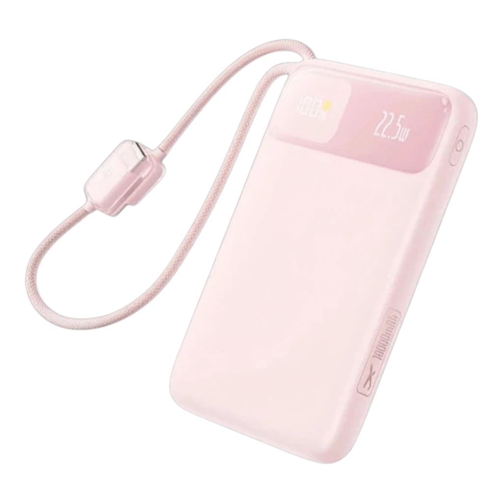 zero2cart pink 10000mAh portable power bank with built-in USB-C cable and digital LED battery display
