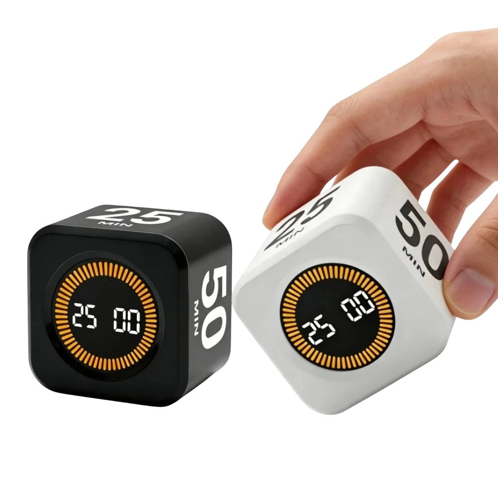 zero2cart black and white cube-shaped digital Pomodoro timers with LCD displays and gravity sensor flip control.