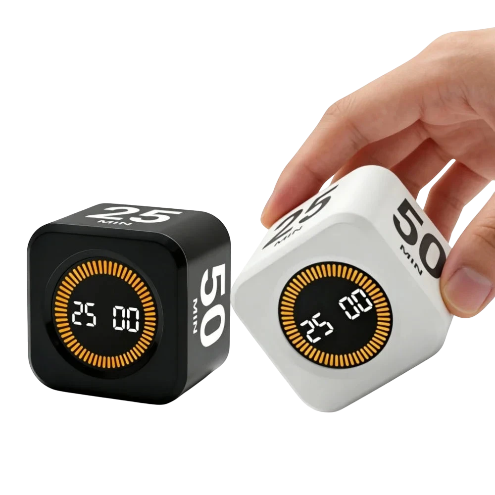 zero2cart black and white cube-shaped digital Pomodoro timers with LCD displays and gravity sensor flip control.