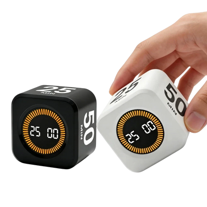 zero2cart black and white cube-shaped digital Pomodoro timers with LCD displays and gravity sensor flip control.