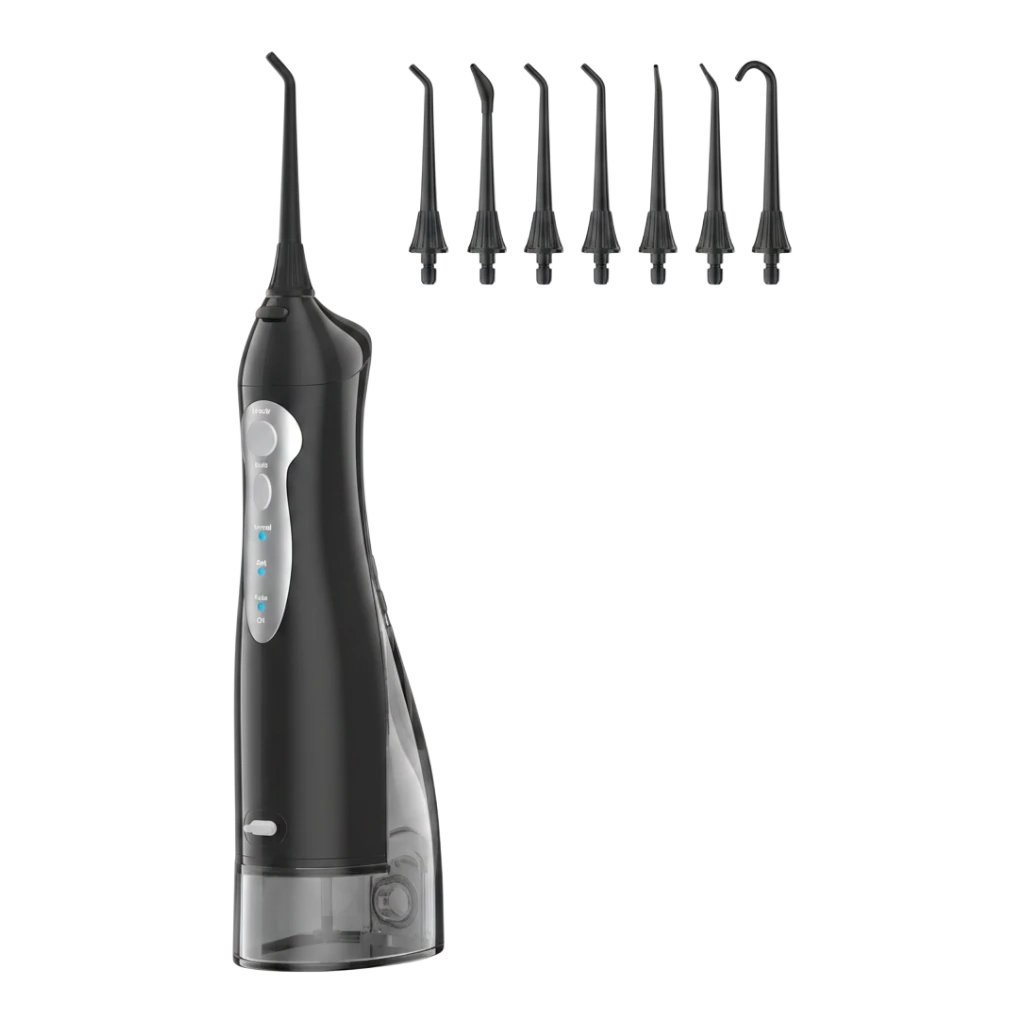 zero2cart portable black cordless water flosser with 300ml tank and six interchangeable nozzles for oral care