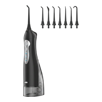 zero2cart portable black cordless water flosser with 300ml tank and six interchangeable nozzles for oral care