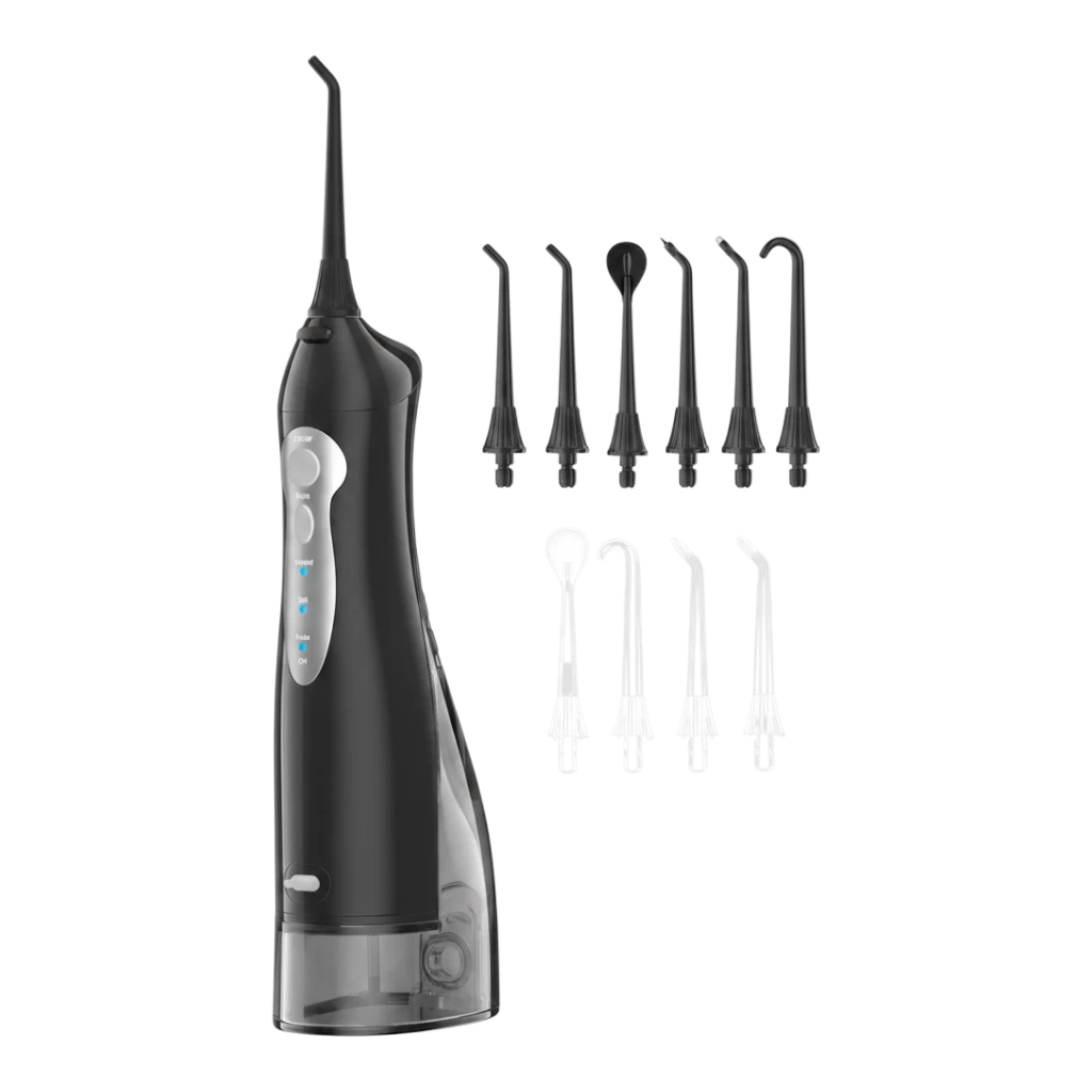 zero2cart portable black cordless water flosser with multiple interchangeable nozzles for dental care