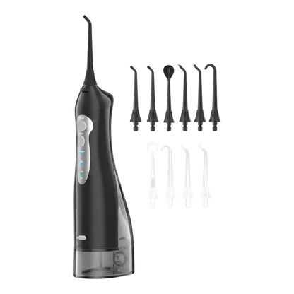 zero2cart portable black cordless water flosser with multiple interchangeable nozzles for dental care