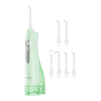 zero2cart portable cordless water flosser in mint green with five interchangeable nozzles for oral care