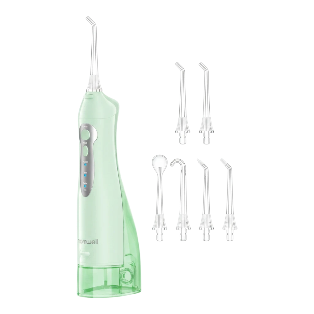 zero2cart portable cordless water flosser in mint green with five interchangeable nozzles for oral care