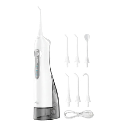 zero2cart portable cordless water flosser with 300ml tank, multiple nozzle attachments, and USB charging cable