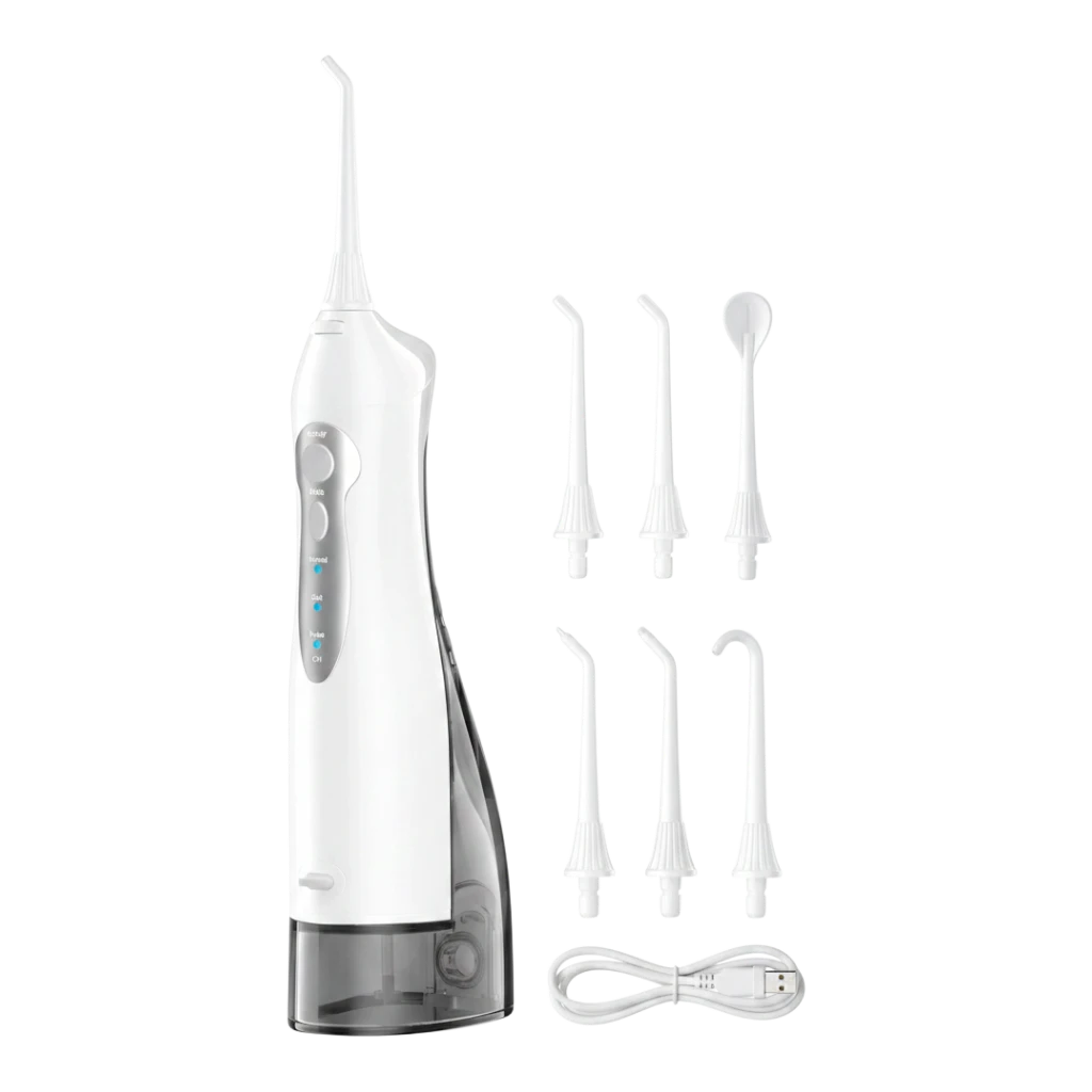 zero2cart portable cordless water flosser with 300ml tank, multiple nozzle attachments, and USB charging cable