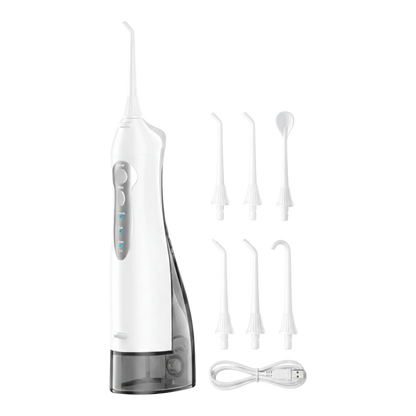 zero2cart portable cordless water flosser with 300ml tank, multiple nozzle attachments, and USB charging cable