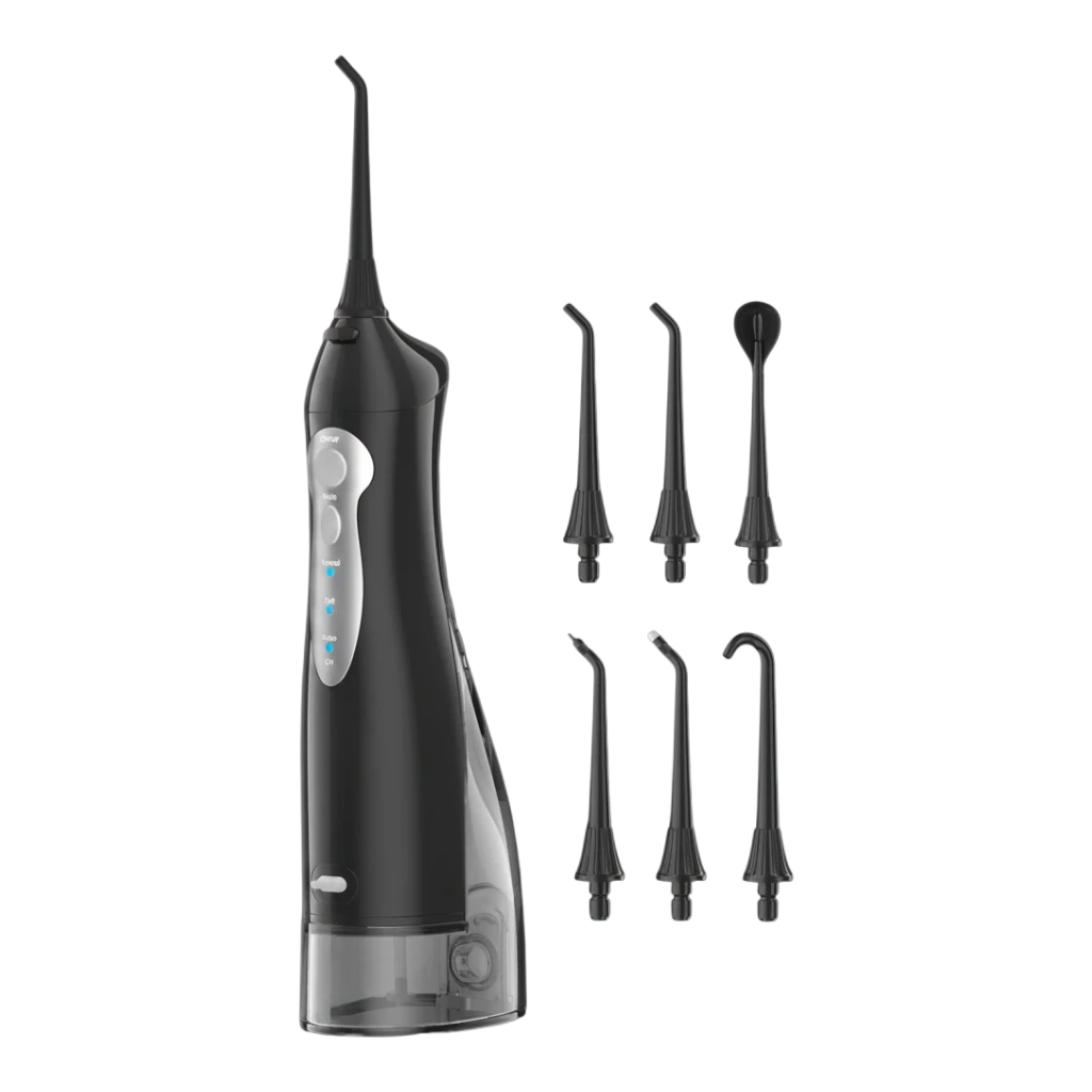 zero2cart portable cordless water flosser in black with multiple interchangeable nozzles for oral care