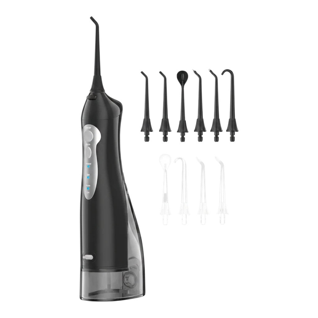 zero2cart portable black cordless water flosser with multiple interchangeable nozzles for dental care