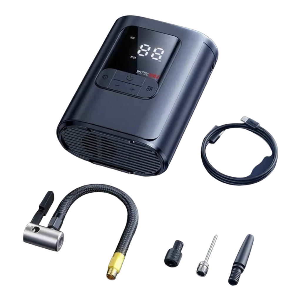 zero2cart portable cordless tire inflator with LCD display, inflation hose, and various nozzles on black background