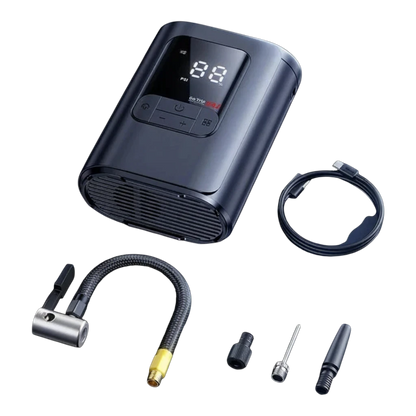 zero2cart portable cordless tire inflator with LCD display, inflation hose, and various nozzles on black background