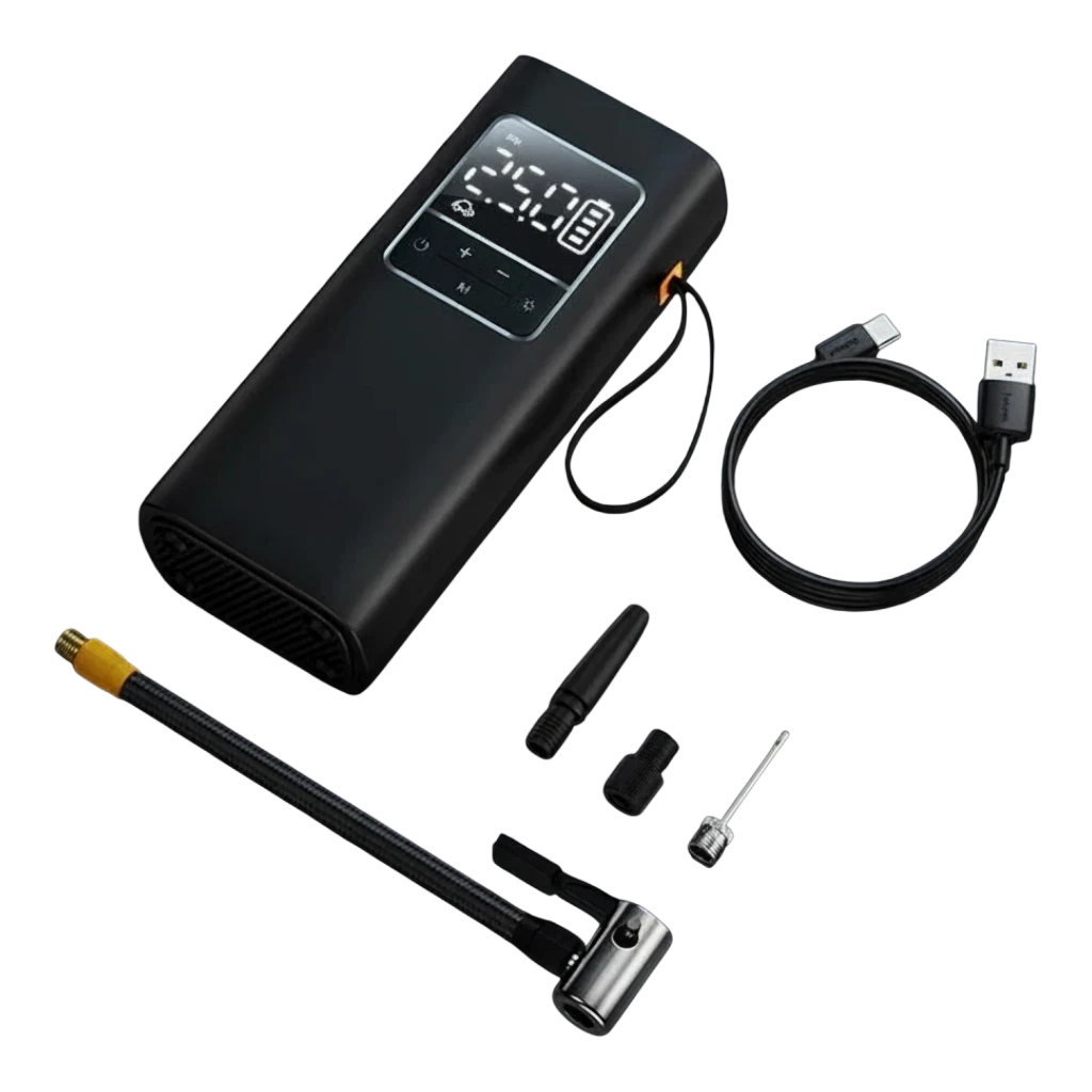 zero2cart portable cordless tire inflator with LCD display, inflation hose, and nozzles on a black background