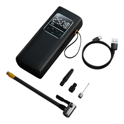 zero2cart portable cordless tire inflator with LCD display, inflation hose, and nozzles on a black background