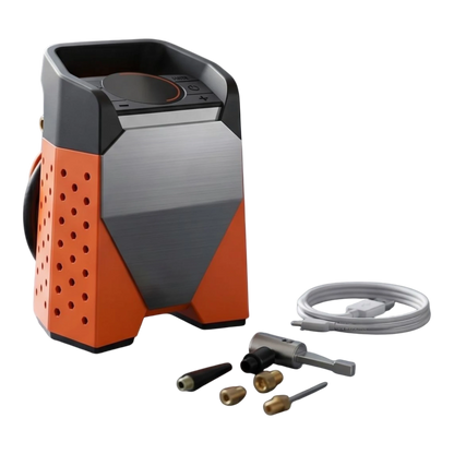 zero2cart portable digital tire inflator in orange and grey with included nozzles and charging cable on a workbench