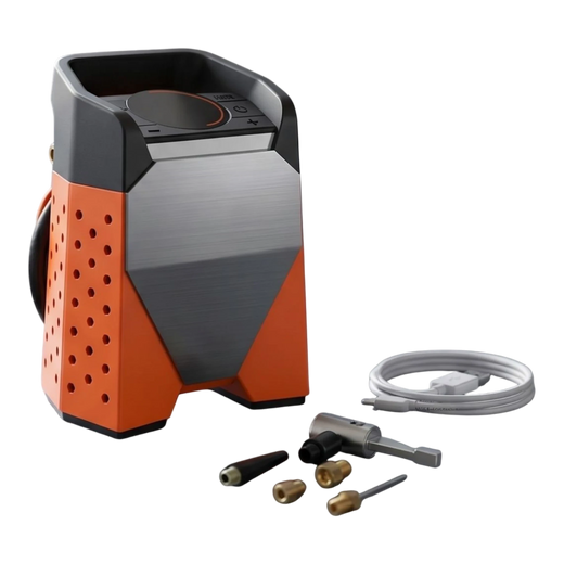 zero2cart portable digital tire inflator in orange and grey with included nozzles and charging cable on a workbench
