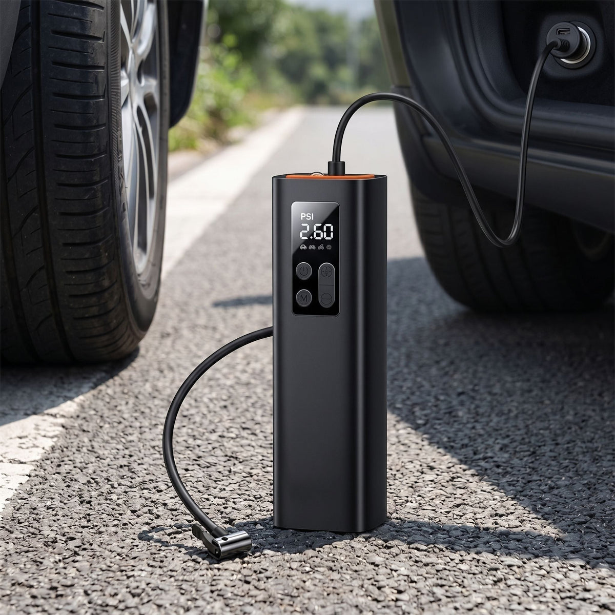 zero2cart portable 12V digital tire inflator with LED display, connected to a car power socket on a roadside.