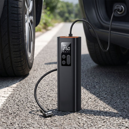 zero2cart portable 12V digital tire inflator with LED display, connected to a car power socket on a roadside.