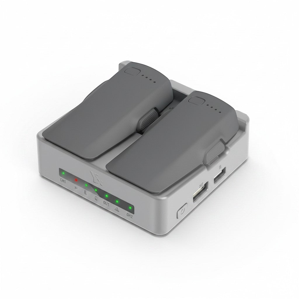 zero2cart portable dual drone battery charging hub with two grey batteries inserted and green LED status indicators