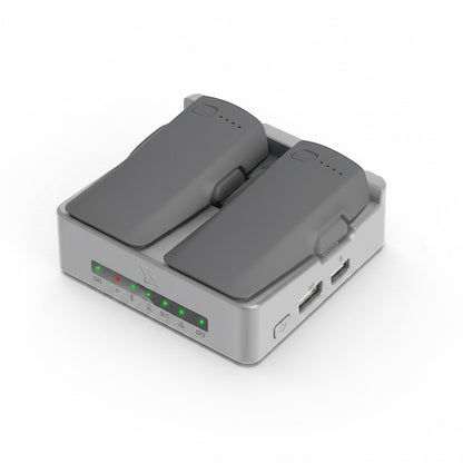 zero2cart portable dual drone battery charging hub with two grey batteries inserted and green LED status indicators