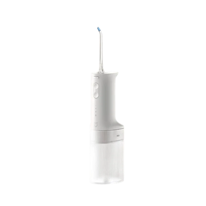 zero2cart portable electric water flosser in white with a translucent ribbed tank and three cleaning modes.