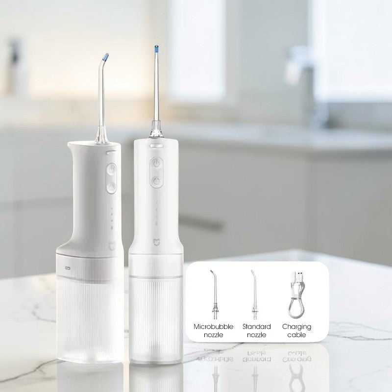 zero2cart portable electric water flosser in white with 3 modes, 2 nozzles, and USB-C charging for oral care.