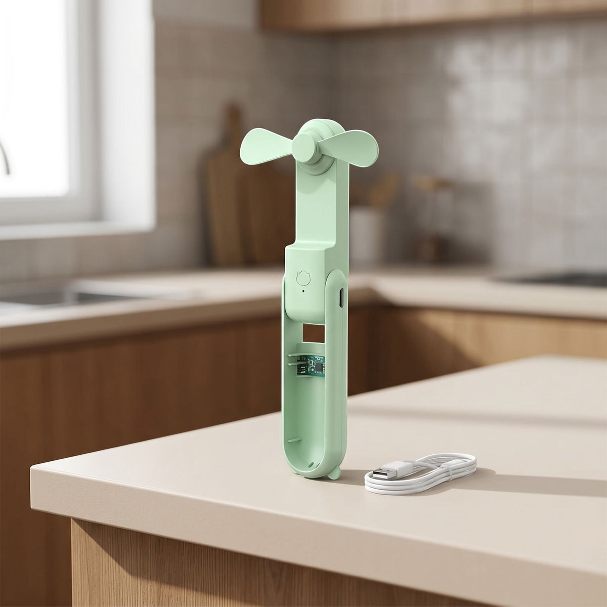 zero2cart mint green portable foldable handheld fan with USB charging cable on a kitchen counter