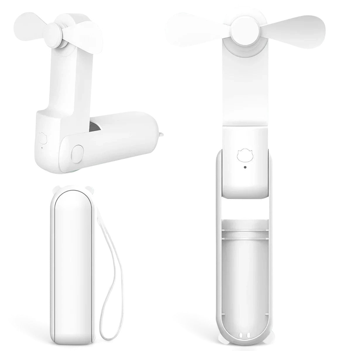zero2cart white portable foldable handheld fan with USB rechargeable battery shown in open and closed positions