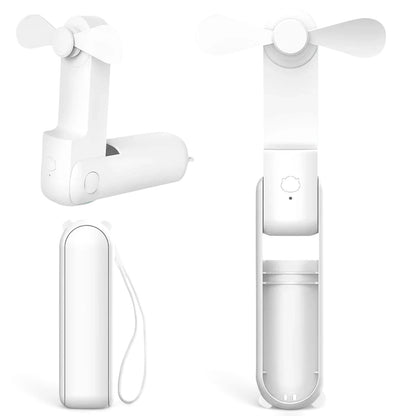 zero2cart white portable foldable handheld fan with USB rechargeable battery shown in open and closed positions