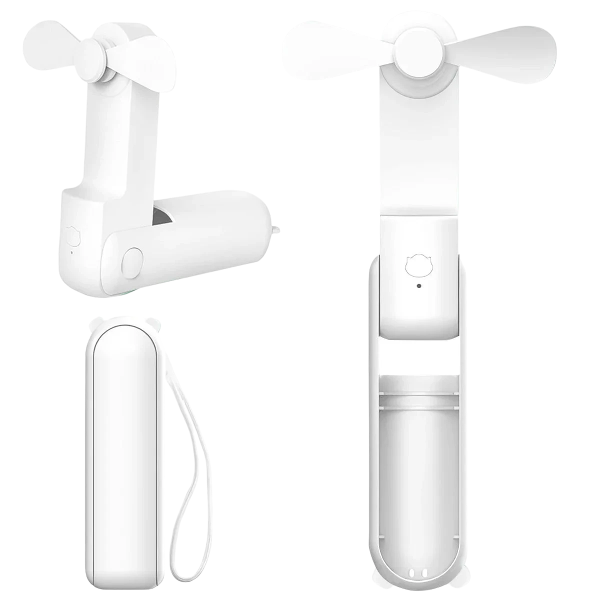 zero2cart white portable foldable handheld fan with USB rechargeable battery shown in open and closed positions