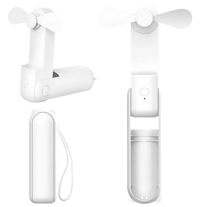 zero2cart white portable foldable handheld fan with USB rechargeable battery shown in open and closed positions