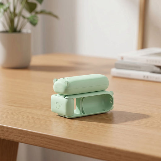 zero2cart light green portable foldable mini fan resting on a wooden desk for personal cooling