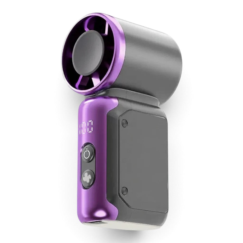 zero2cart portable mini bladeless fan in purple and grey with a digital display and simple button controls