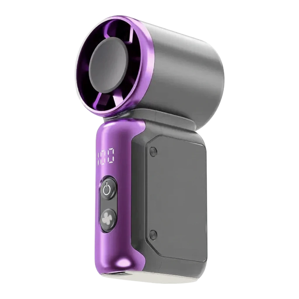 zero2cart portable mini bladeless fan in purple and grey with a digital display and simple button controls