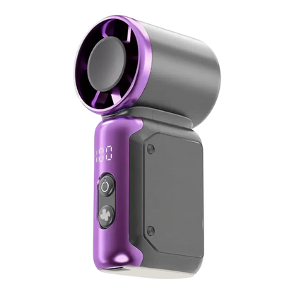 zero2cart portable mini bladeless fan in purple and grey with a digital display and simple button controls