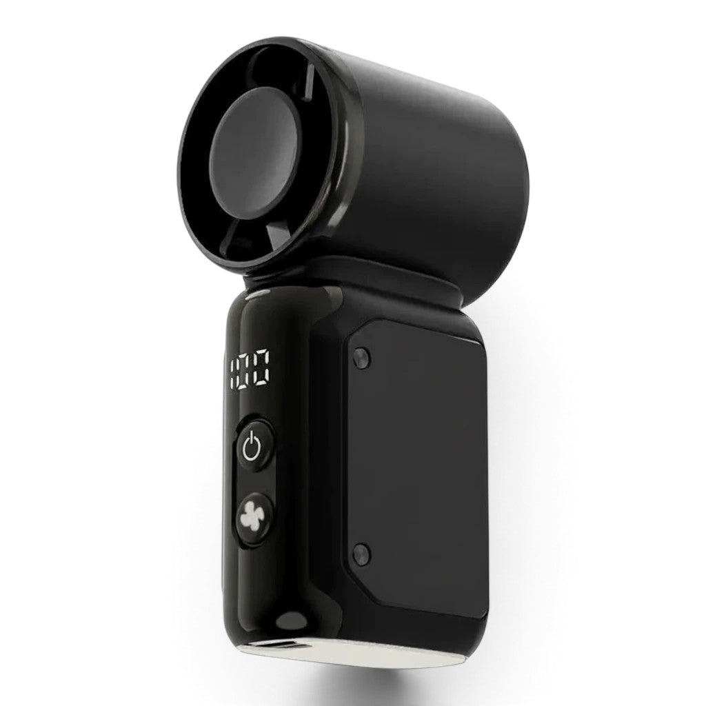 zero2cart portable mini bladeless fan in black with a digital display and simple power controls for desk cooling