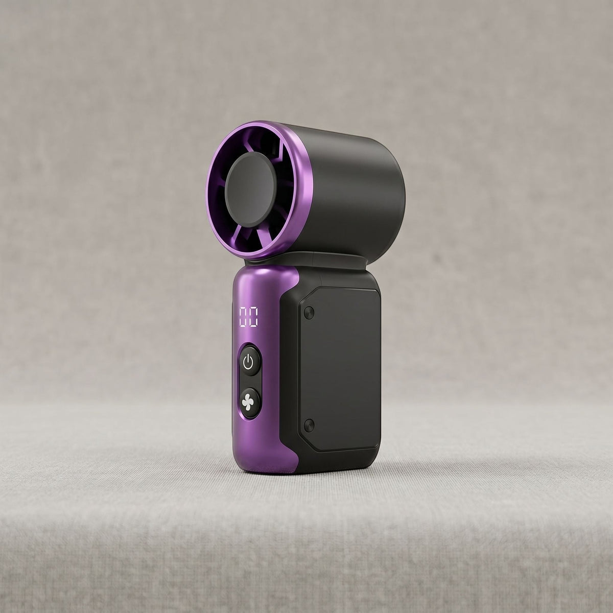 zero2cart portable mini bladeless fan in black and purple with a digital display and simple control buttons