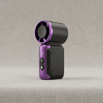 zero2cart portable mini bladeless fan in black and purple with a digital display and simple control buttons