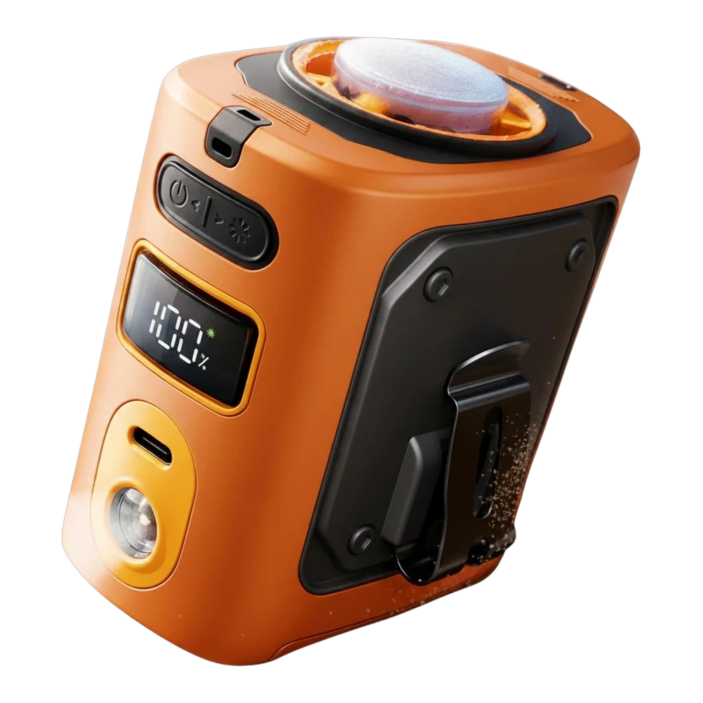 zero2cart M91 portable orange waist clip fan with digital battery display and integrated cooling pad