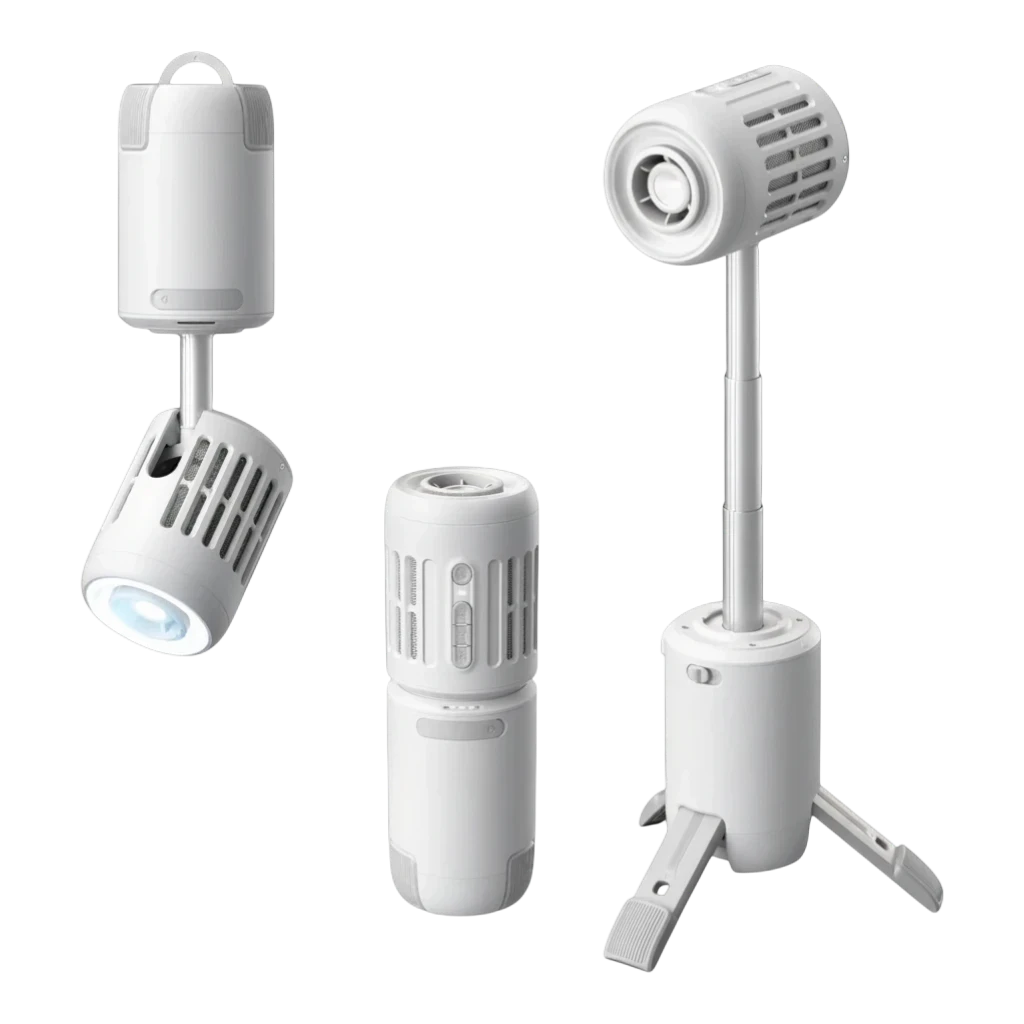 zero2cart multi-functional white portable outdoor fan with integrated LED flashlight and tripod base