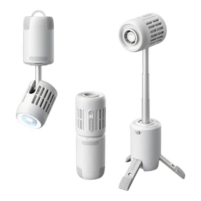zero2cart multi-functional white portable outdoor fan with integrated LED flashlight and tripod base