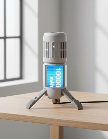 zero2cart portable outdoor fan with tripod base, integrated LED light, and visible 10000mAh battery display