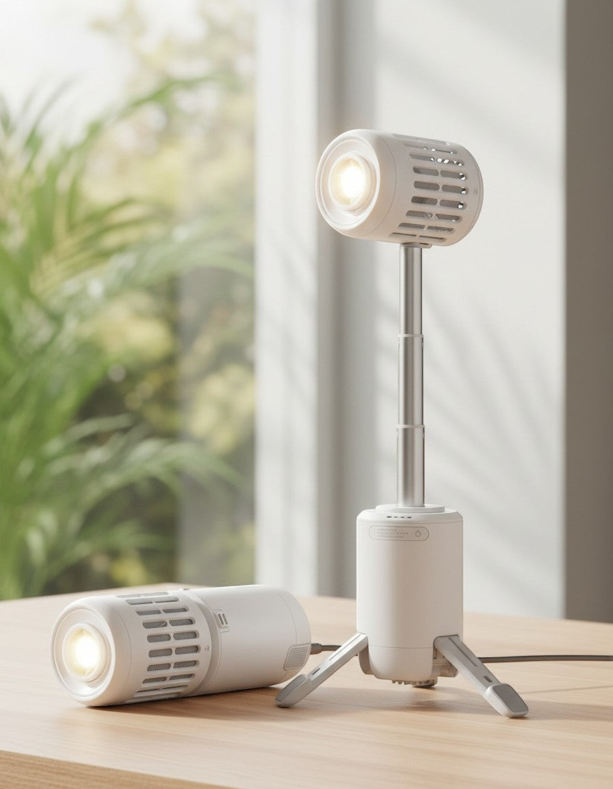 zero2cart portable outdoor fan with LED light, tripod base, and power bank function on a wooden table.