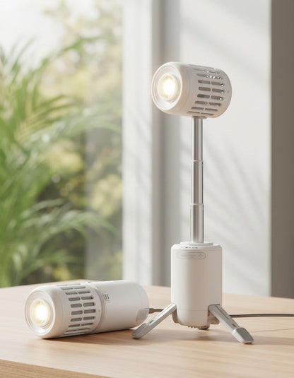 zero2cart portable outdoor fan with LED light, tripod base, and power bank function on a wooden table.
