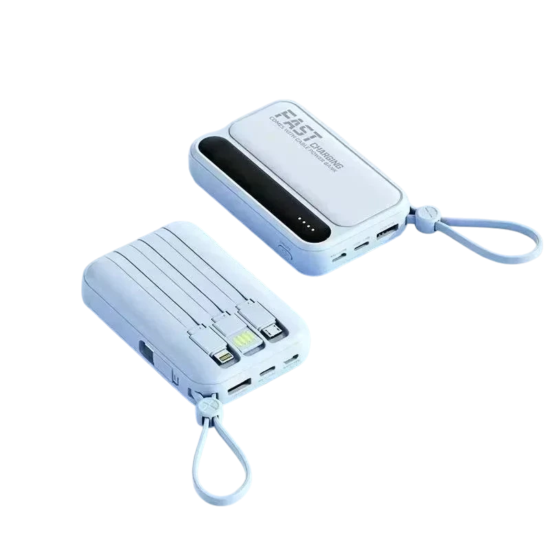 zero2cart light blue portable power bank with built-in charging cables, digital display, and carry strap.