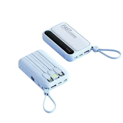 zero2cart light blue portable power bank with built-in charging cables, digital display, and carry strap.