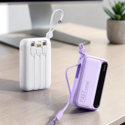 zero2cart portable power banks in white and purple with built-in cables, digital display, and carry strap on a desk.
