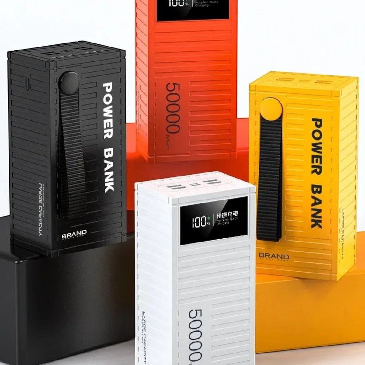 zero2cart 50000mAh portable power banks in black, white, red, and yellow with digital displays and carry straps