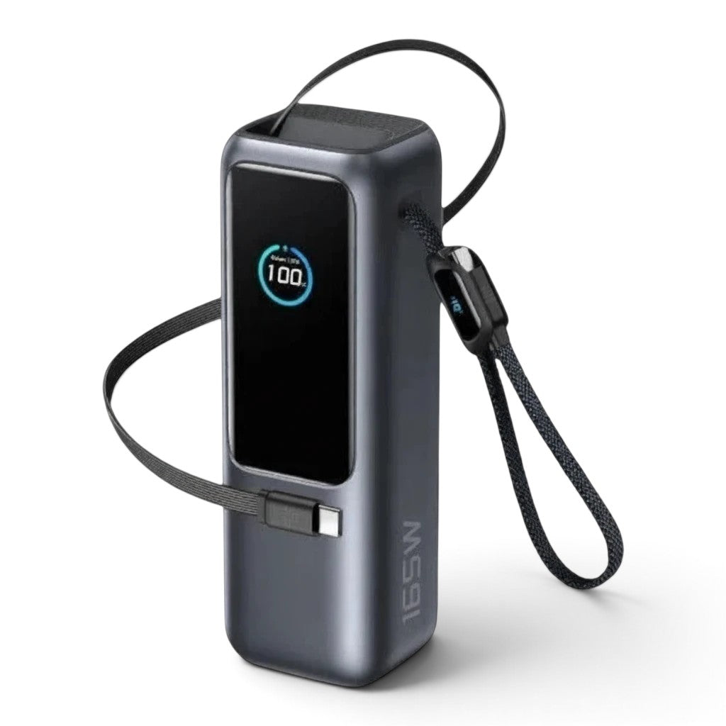 zero2cart 25000mAh 165W portable power bank in grey with digital display and integrated retractable charging cable